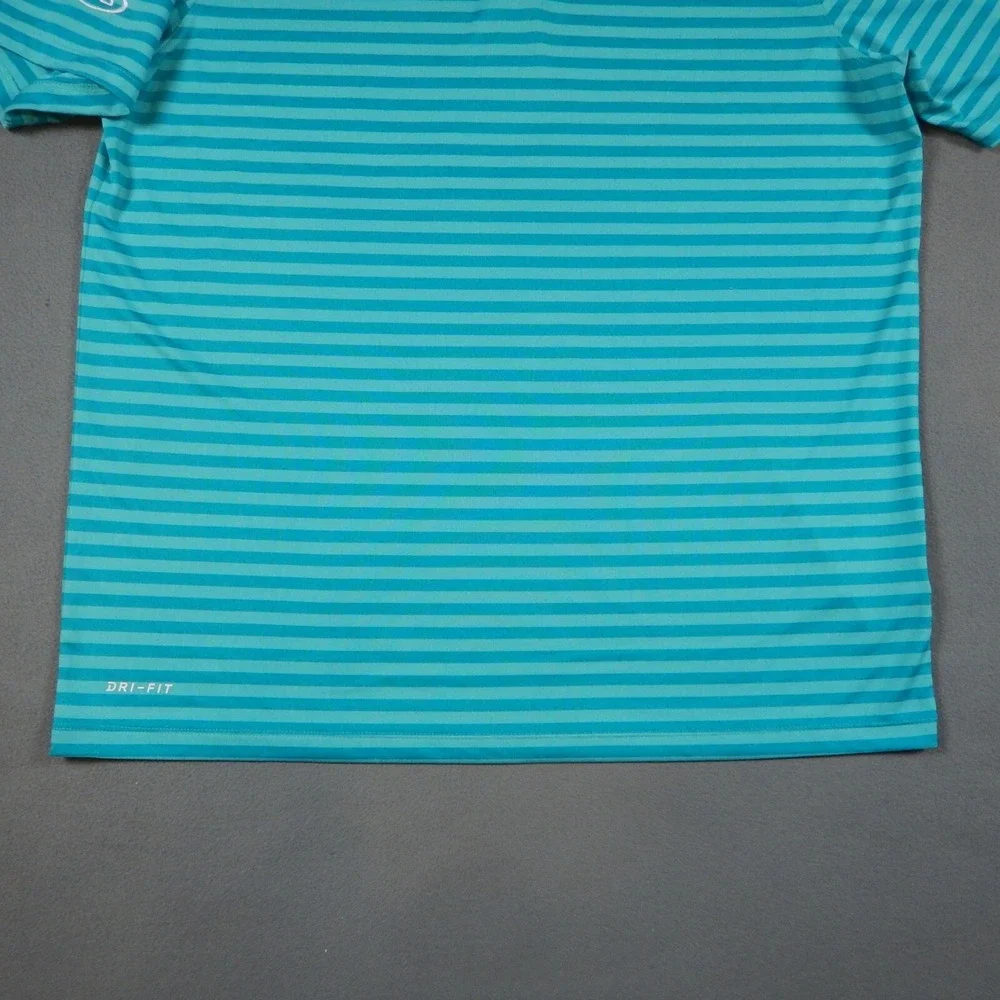 Nike Golf Polo Shirt Mens L Blue Green Striped Dri-Fit Short Sleeve Tour 18 Logo